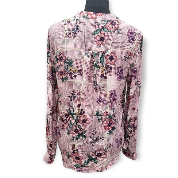 Love Potion Ivory & Plum Floral Design Long Sleeved V Neck Light Weight Blouse - Picture 3 of 6
